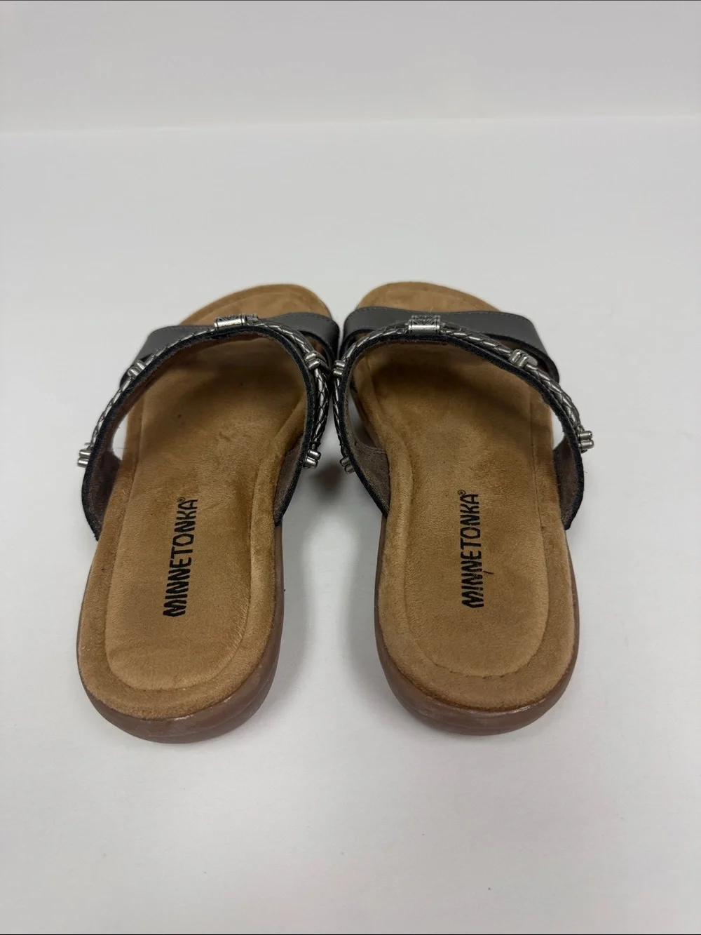 Minnetonka Metallic Gray Double-Strap Slide Sandals with Concho Detail